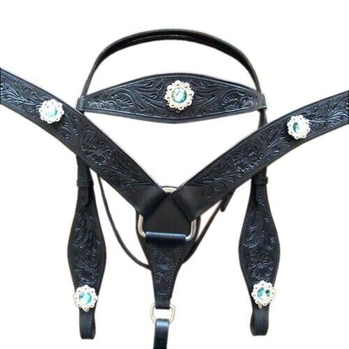 Leather Western Headstall & Breast Plate Collar Set Size Full